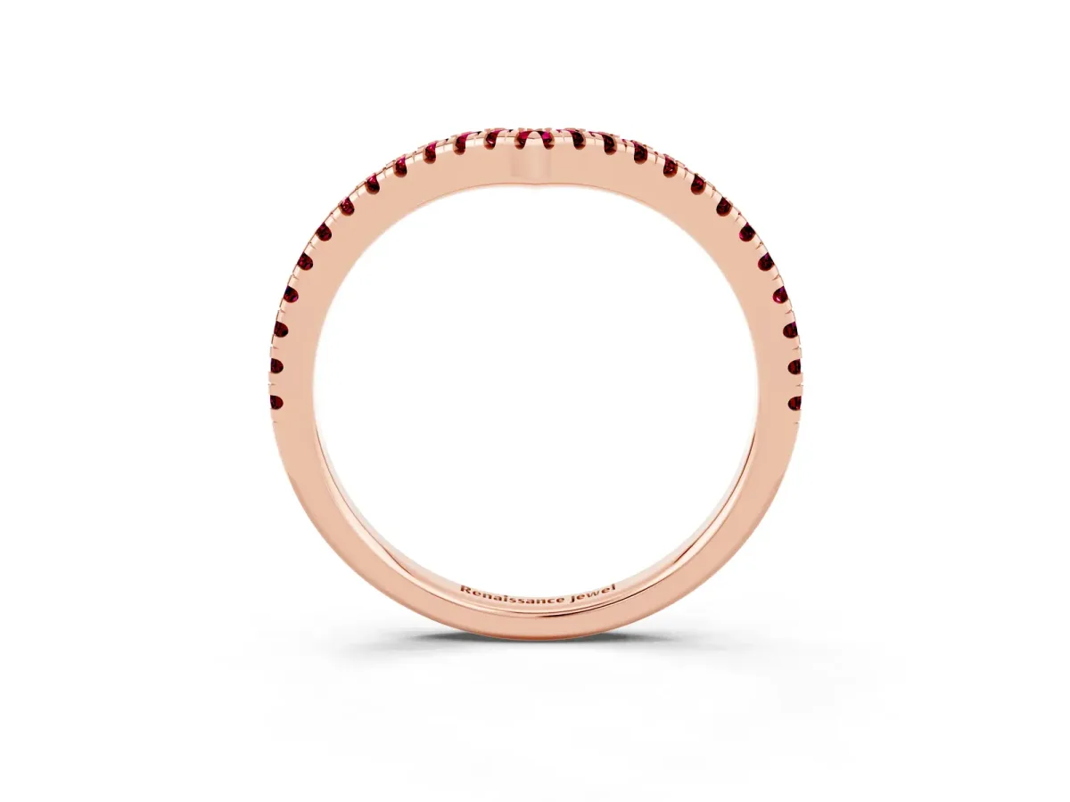 Pavé Round Garnet V-Shaped Chevron Band with Shared Prong Setting Rose gold