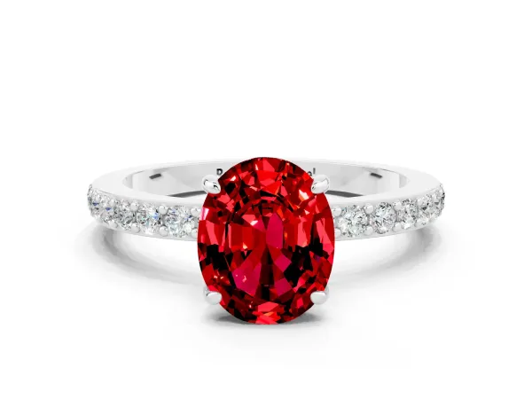 Oval Cut Ruby Solitaire Engagement Ring with Pavé Band and Four-Prong Setting Platinum