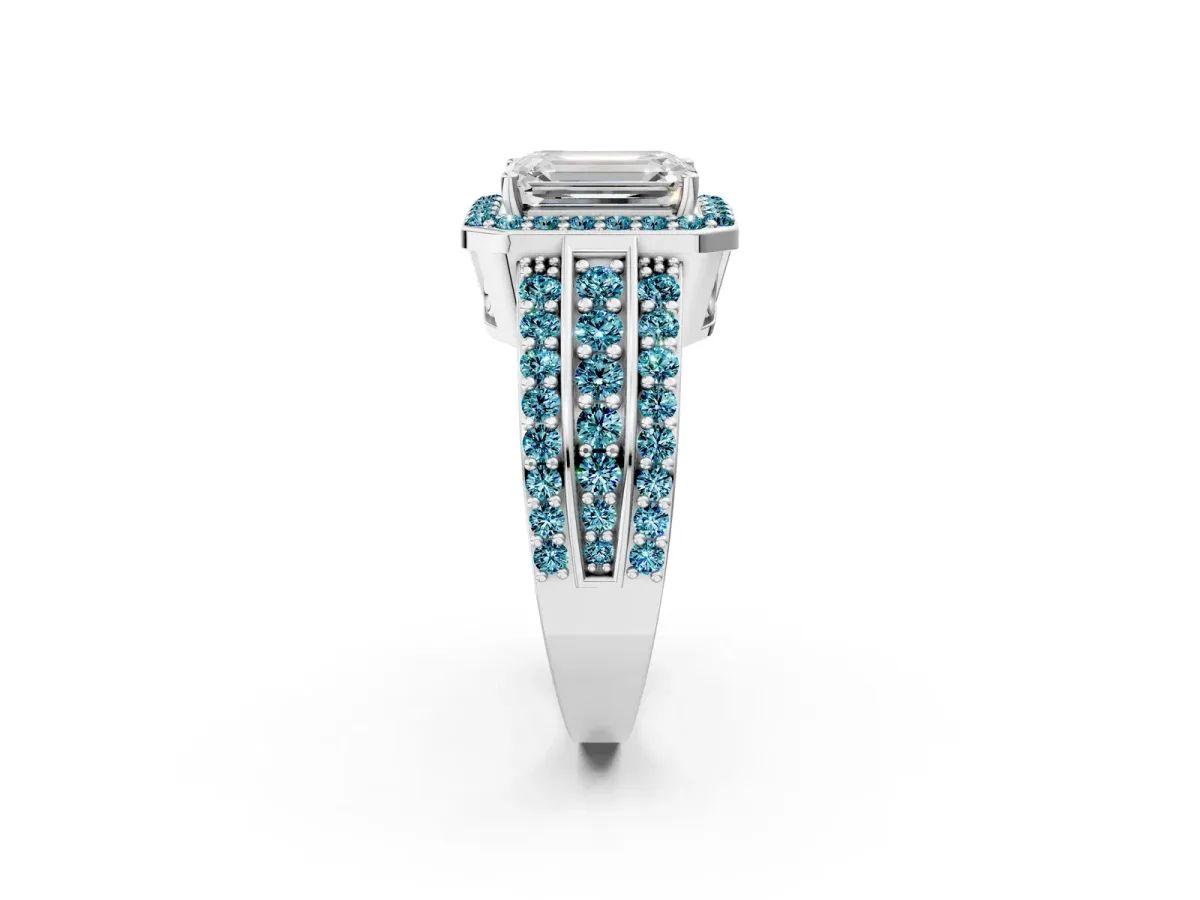 Emerald Cut Halo Diamond Ring with Round Blue Topaz Split Shank and Prong Setting Platinum