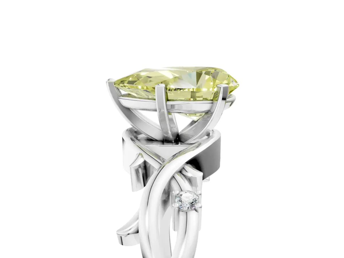 Fancy Yellow Pear Cut Diamond Solitaire Ring with Twisted Band and Prong Setting Platinum