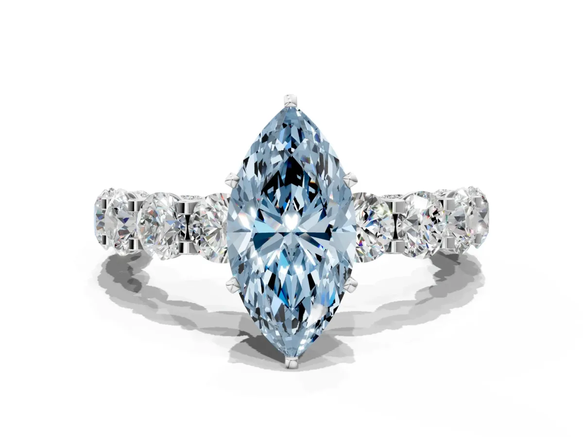 Fancy Blue Marquise Cut Diamond Side Stone Engagement Ring with Four-Prong Setting White gold