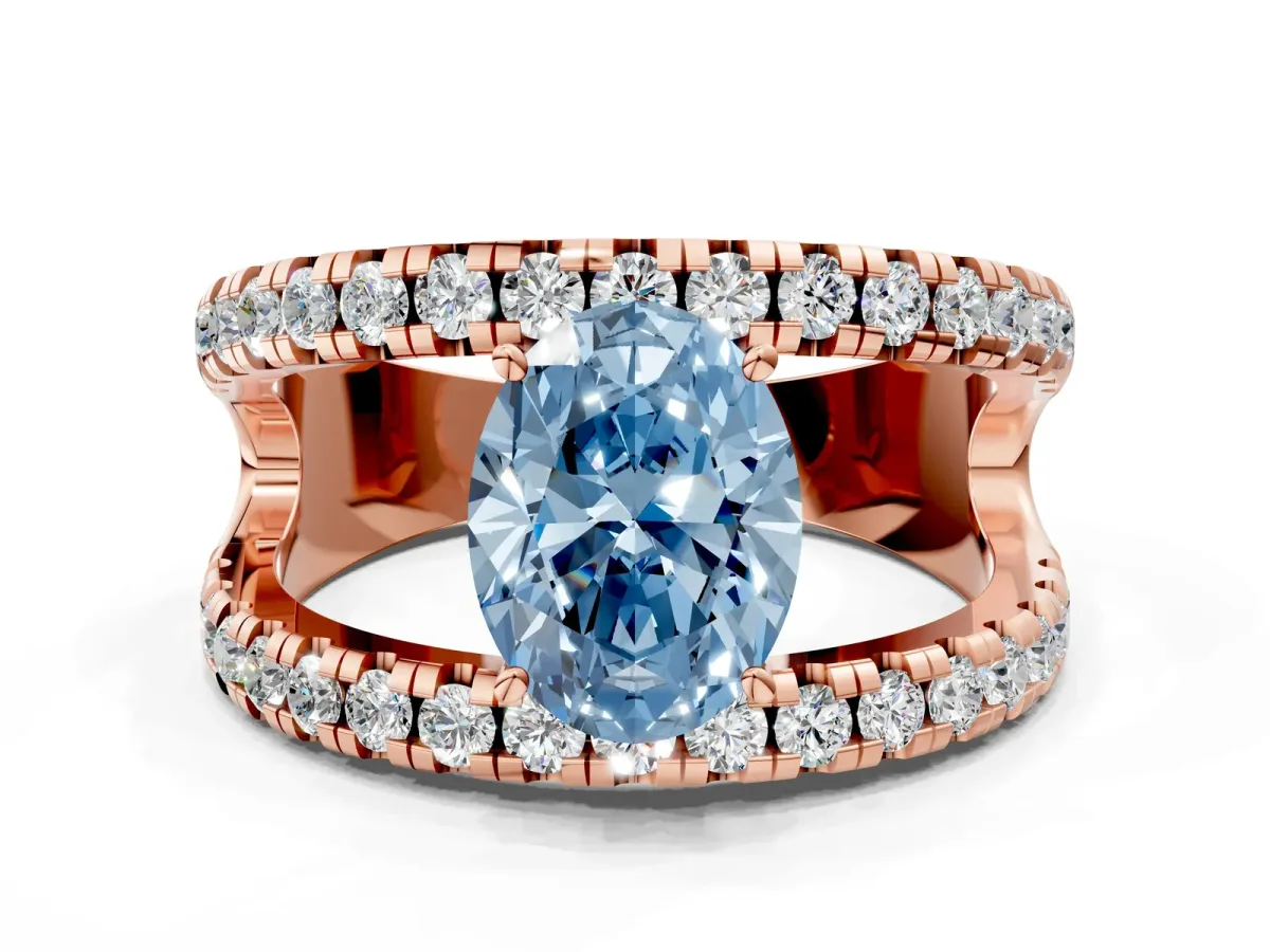 Fancy Blue Oval Cut Solitaire Split Shank Pave Diamond Ring Rose gold