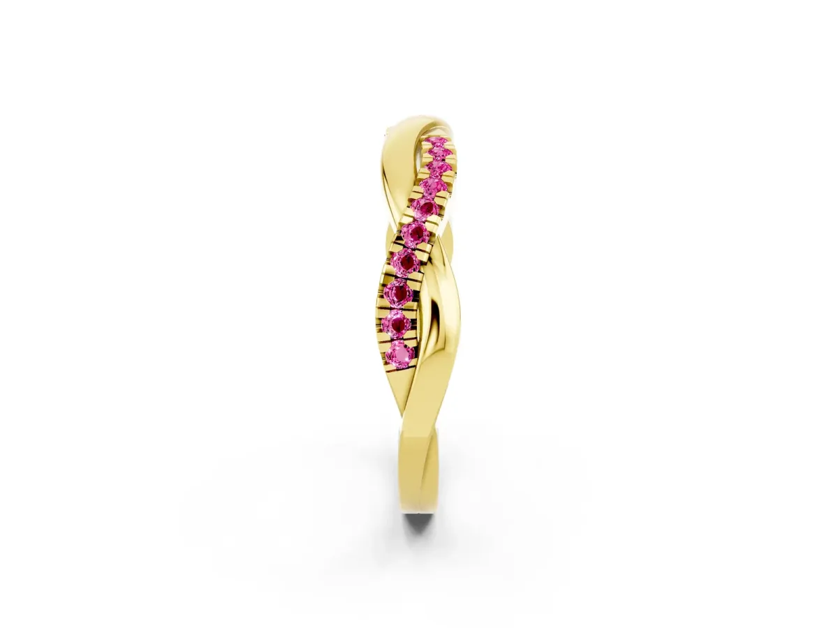 Round Pink Sapphire Twisted Infinity Band with Prong Setting Yellow gold