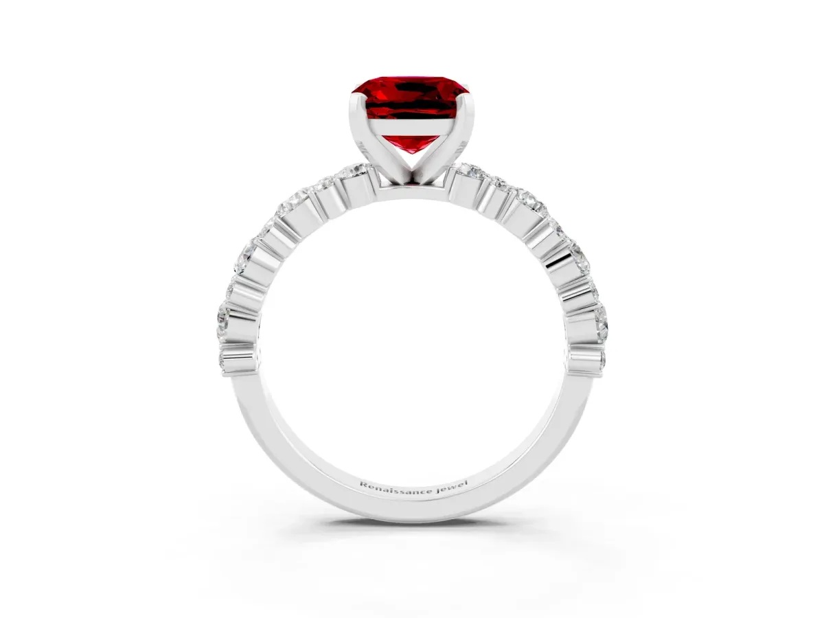 Cushion Cut Ruby Side Stone Solitaire Ring with Round and Four-Prong Setting White gold