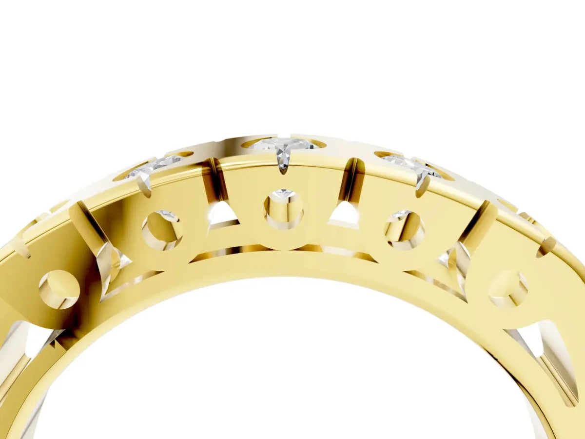 Channel Set Round Diamond Flat Band with Prong Setting Yellow gold