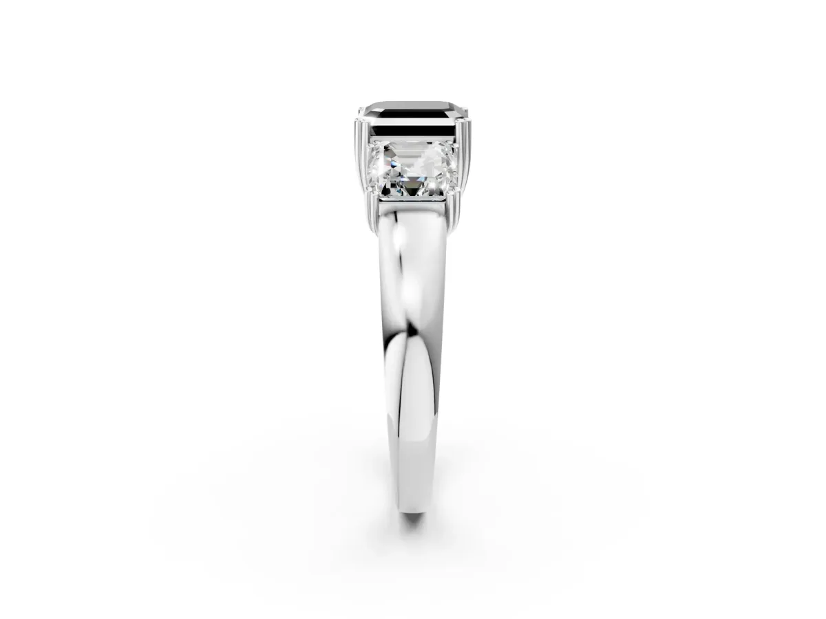 Fancy Black Three-Stone Asscher Cut Cut Diamond Ring with Channel Set Band and Four-Prong Setting Silver