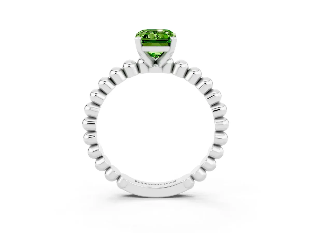 Emerald Cut Peridot Solitaire Ring with Beaded Band and Prong Setting Silver