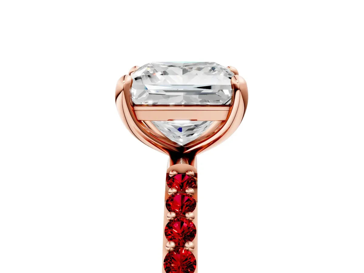 Princess Cut Diamond Solitaire Ring with Round Ruby Pavé Band and Prong Setting Rose gold