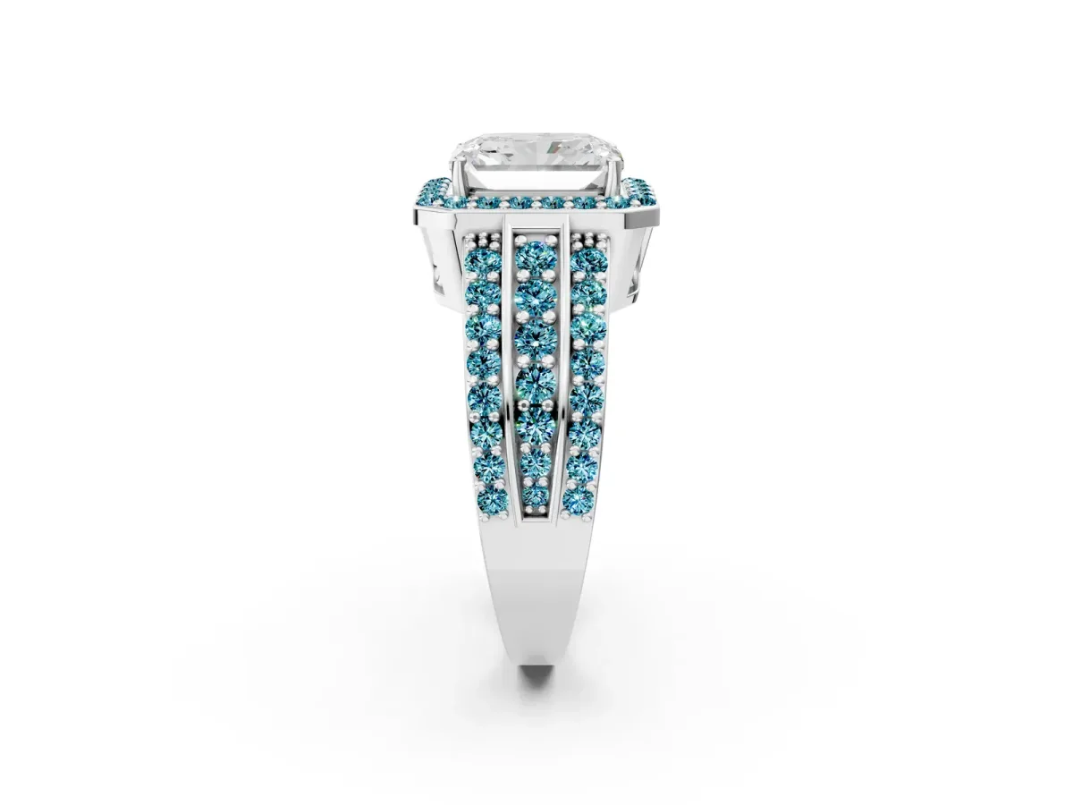 Radiant Cut Halo Diamond Ring with Round Blue Topaz Split Shank and Prong Setting Silver