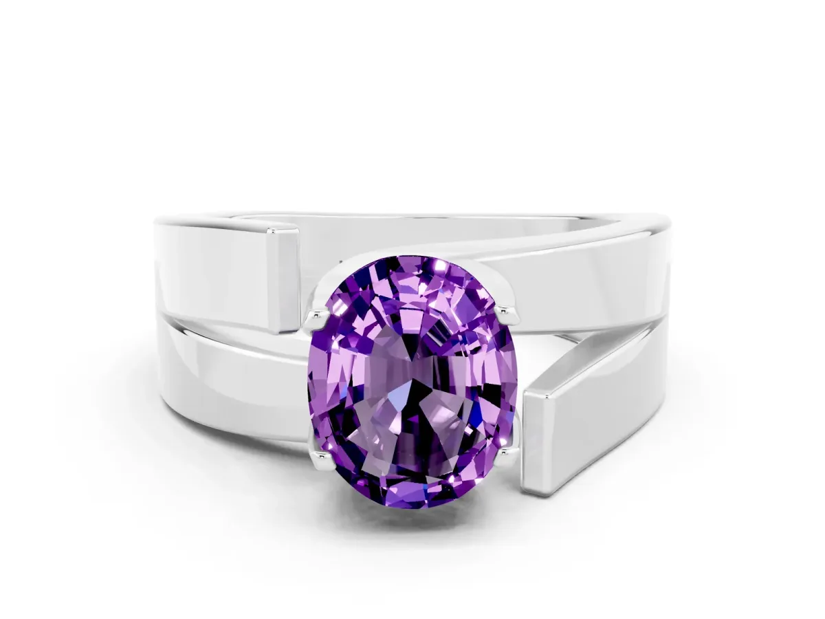 Modern Tension Set Oval Cut Amethyst Solitaire Wide Band Ring Silver