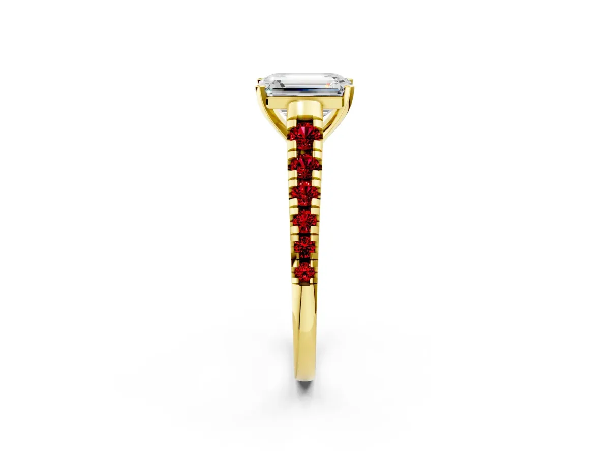Emerald Cut Diamond Cathedral Solitaire Ring with Round Ruby Pavé Band Yellow gold