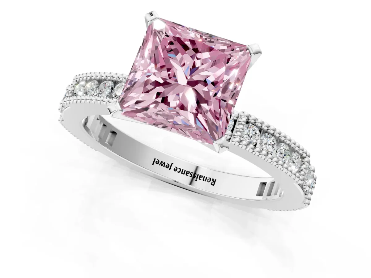 Fancy Pink Princess Cut Solitaire with Pavé Band and Four-Prong Setting Silver