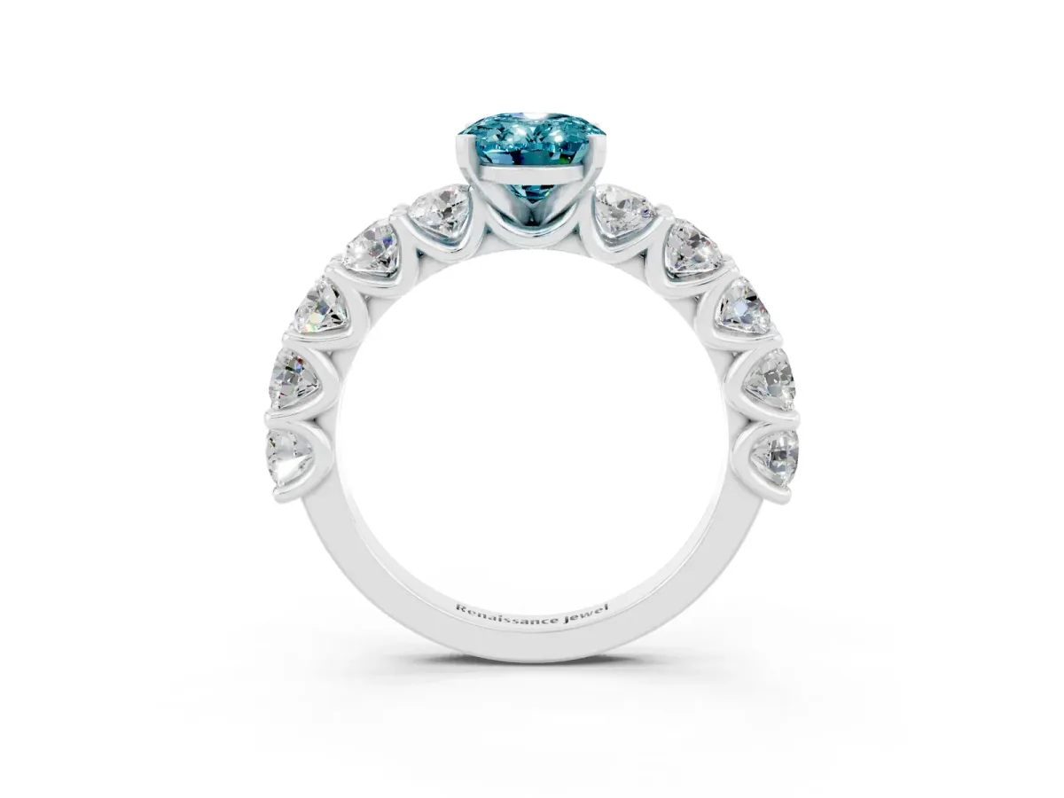 Oval Cut Blue Topaz Prong Setting with Side Stones on a Pave Band Silver
