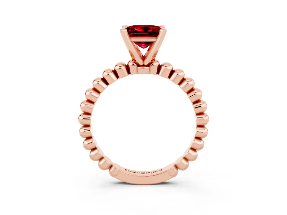 Princess Cut Ruby Solitaire Ring with Beaded Band and Prong Setting Rose gold