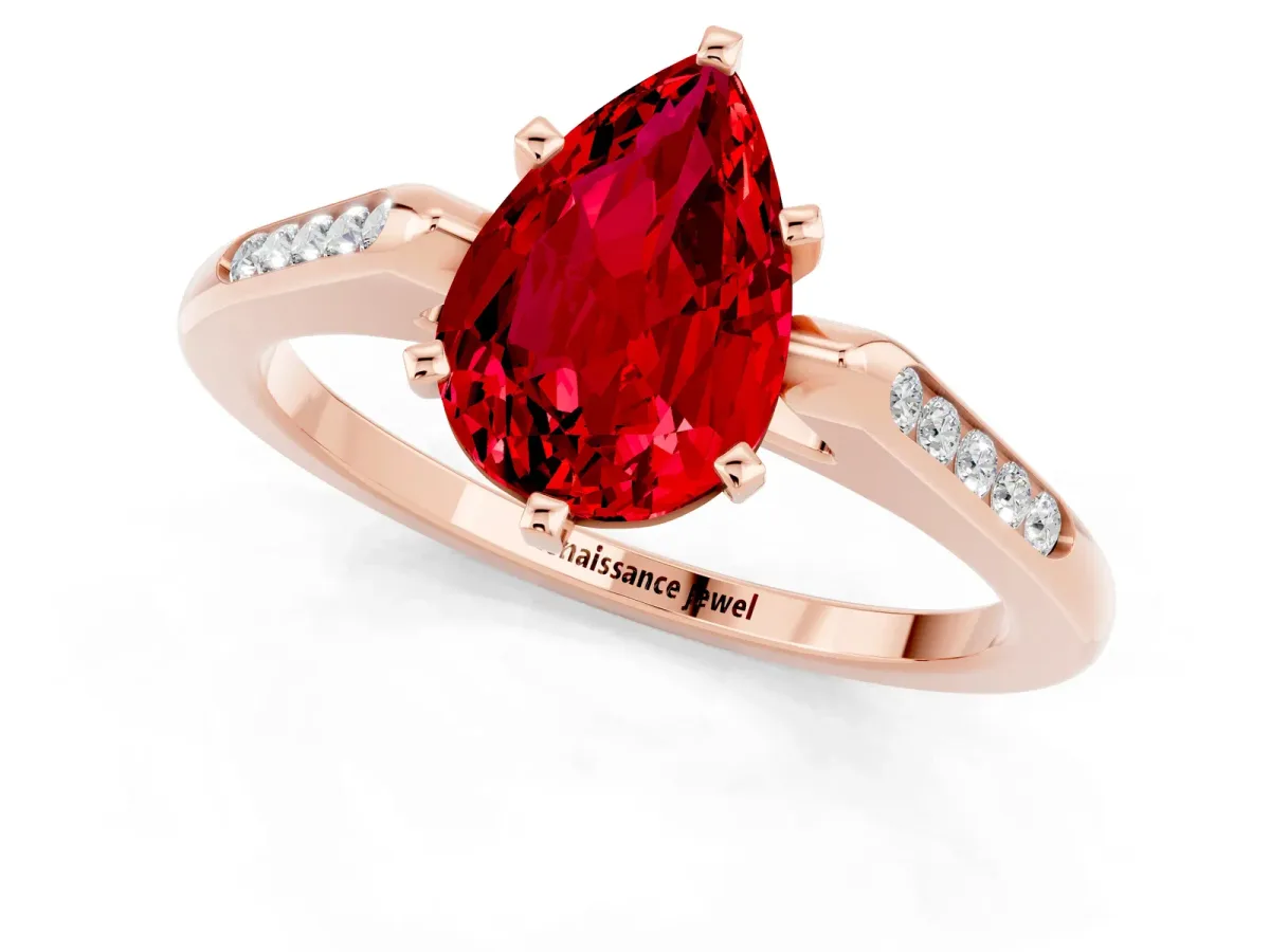 Pear Cut Ruby Solitaire Ring with Channel Set Round Band and Prong Setting Rose gold