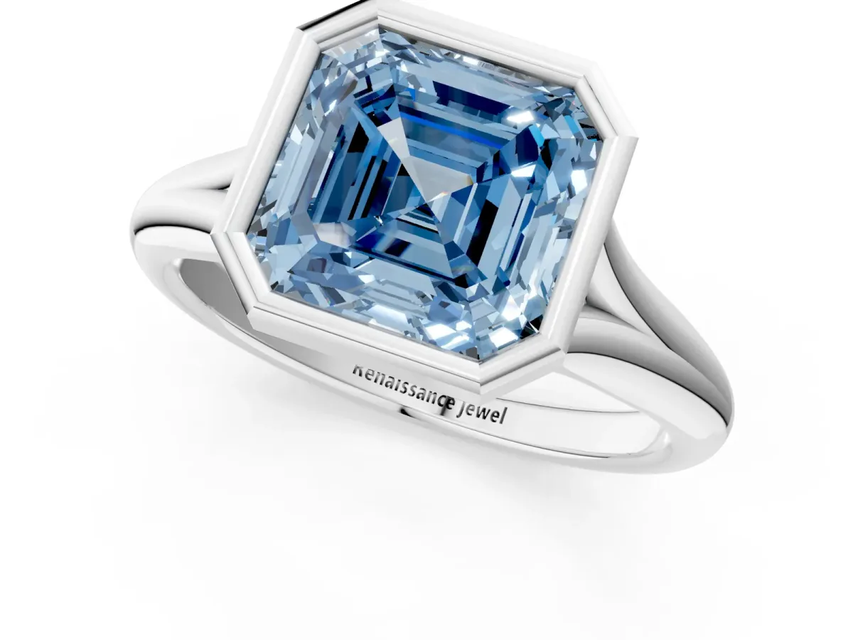 Fancy Blue Bezel Set Asscher Cut Solitaire Diamond Ring with Smooth Band Platinum