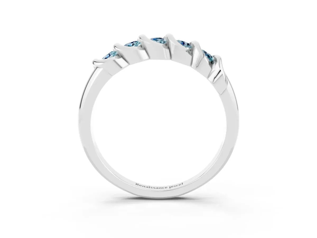 Round Aquamarine Eternity Band with Twist Prong Setting Platinum
