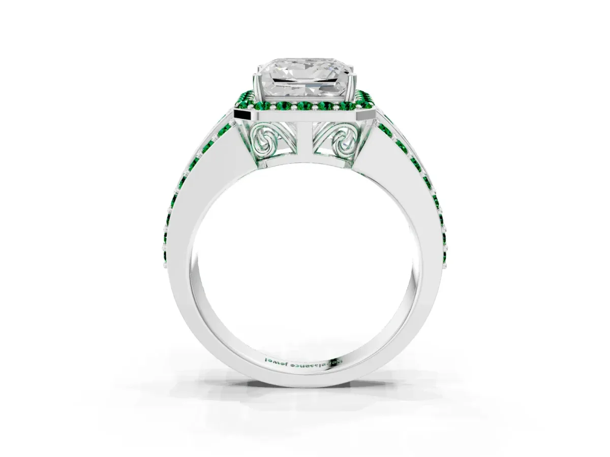 Princess Cut Halo Diamond Ring with Round Emerald Split Shank and Prong Setting White gold