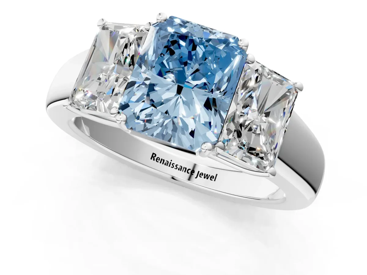 Fancy Blue Three-Stone Radiant Cut Cut Diamond Ring with Prong Setting and Classic Band Platinum