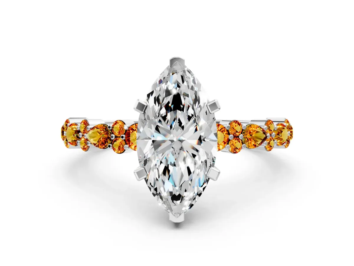 Marquise Cut Diamond Side Stone Solitaire Ring with Round Citrine and Four-Prong Setting Silver