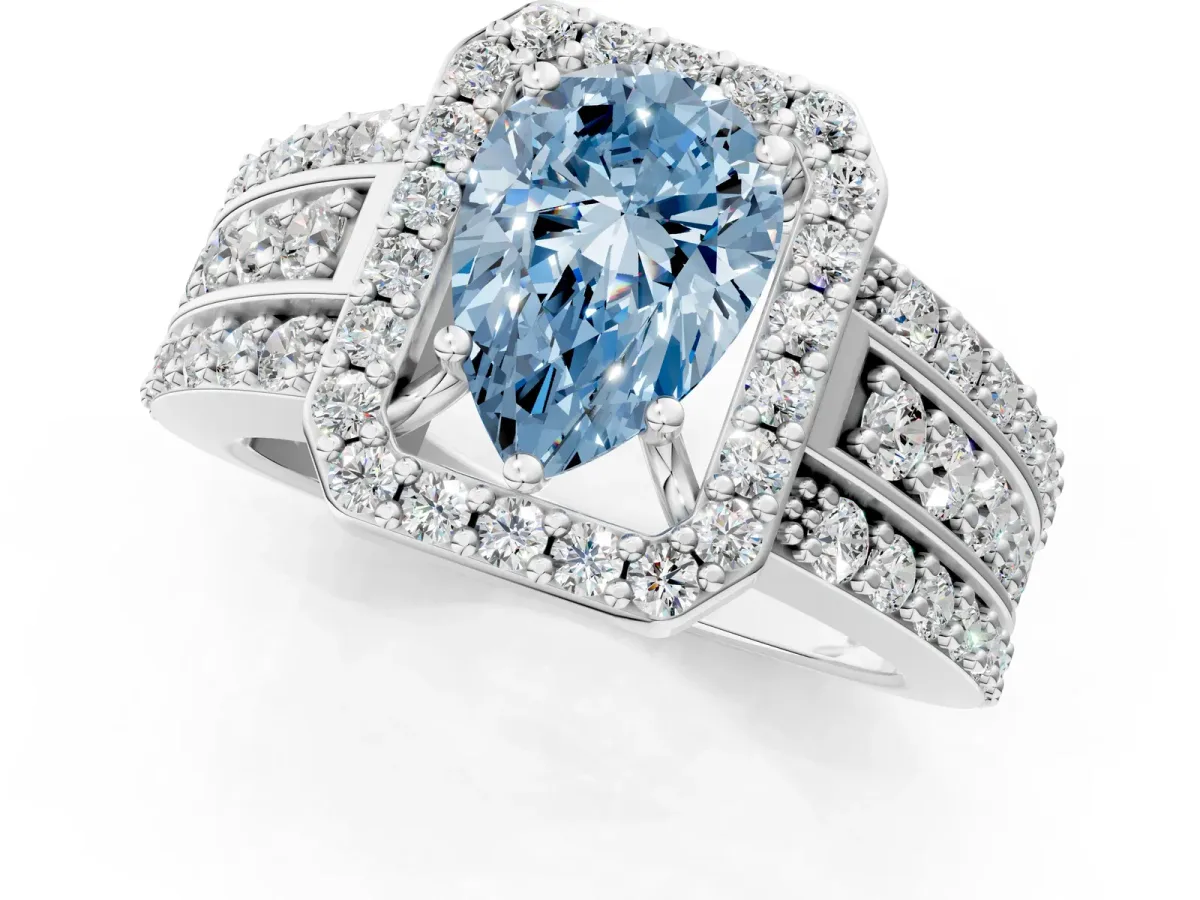 Fancy Blue Pear Cut Halo Diamond Ring with Round Split Shank and Prong Setting Platinum