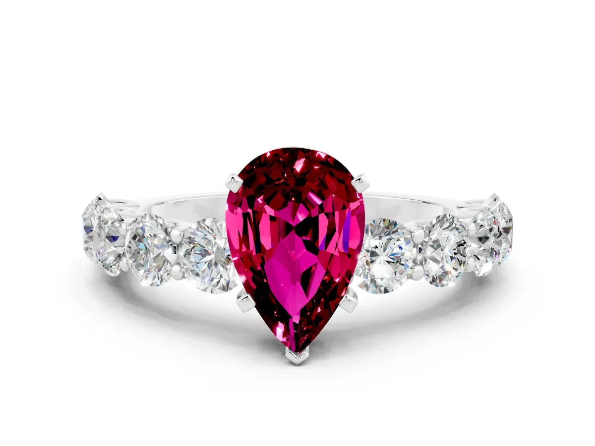 Pear Cut Garnet Prong Setting with Side Stones on a Pave Band Silver