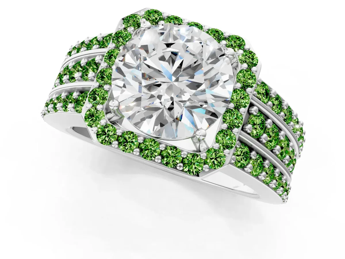 Round Cut Halo Diamond Ring with Round Peridot Split Shank and Prong Setting White gold