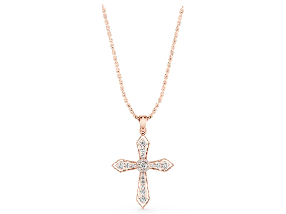 Round Diamond Milgrain Cross Pendant with Bezel Setting Rose gold