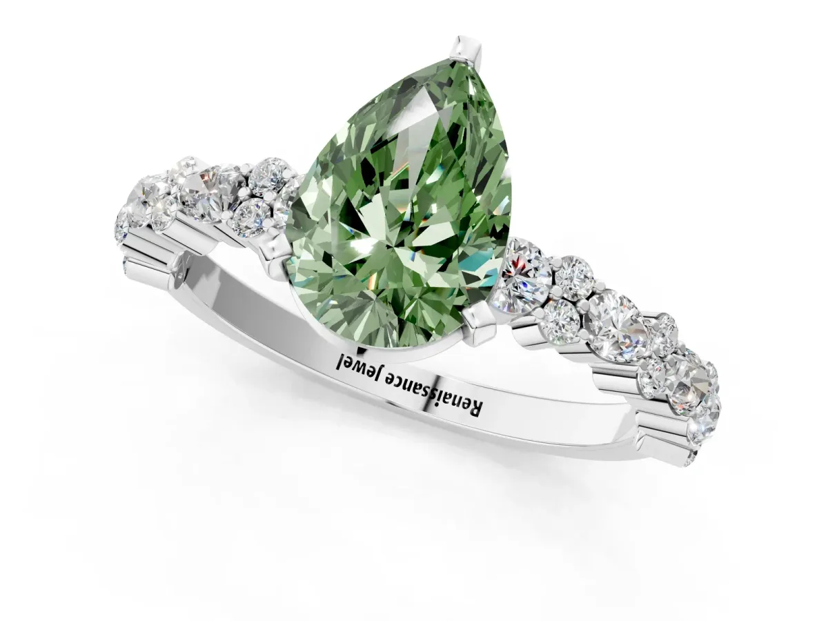 Fancy Green Pear Cut Diamond Side Stone Solitaire Ring with Round and Four-Prong Setting Platinum
