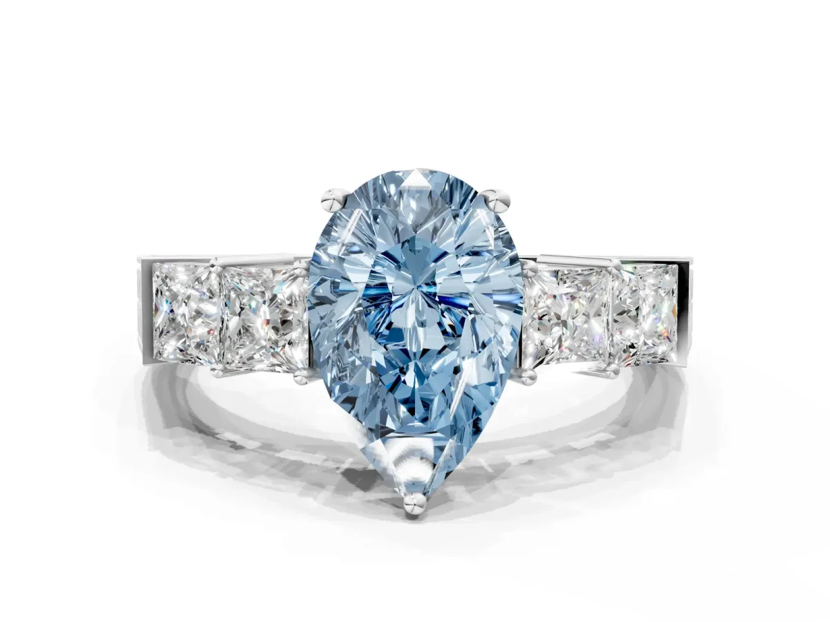 Fancy Blue Pear Cut Solitaire Princess Side Stone Engraved Band Prong Setting Ring Platinum
