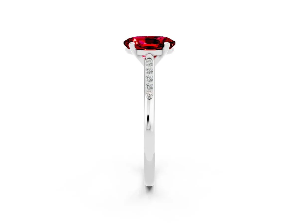 Oval Cut Ruby Solitaire Ring with Channel Set Round Band and Prong Setting White gold
