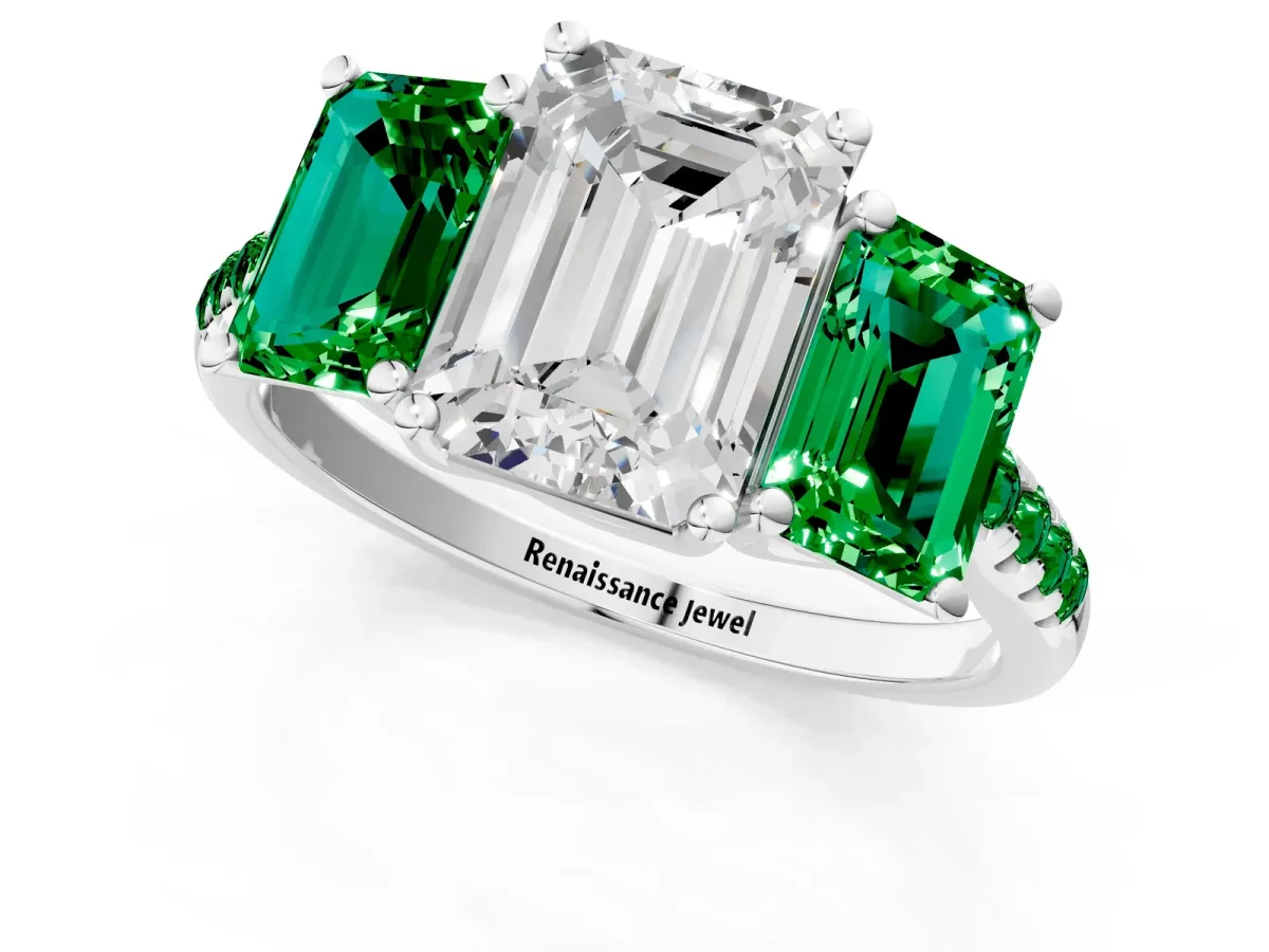 Three-Stone Emerald Cut Diamond Ring with Round Emerald Pavé Band and Prong Setting Silver