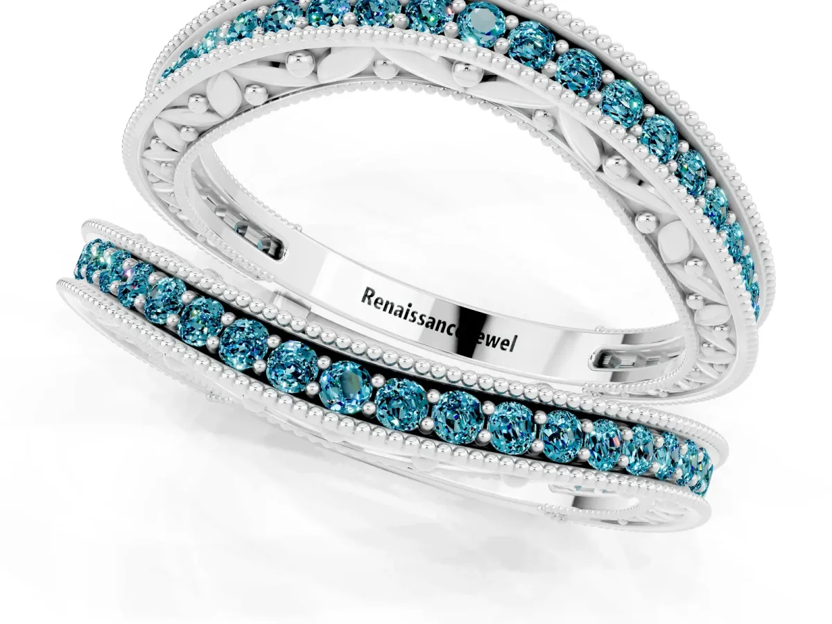 Round Blue Topaz Milgrain Eternity Band with Channel Setting White gold
