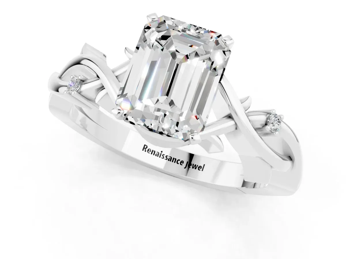 Emerald Cut Moissanite Solitaire Ring with Twisted Band and Prong Setting Silver