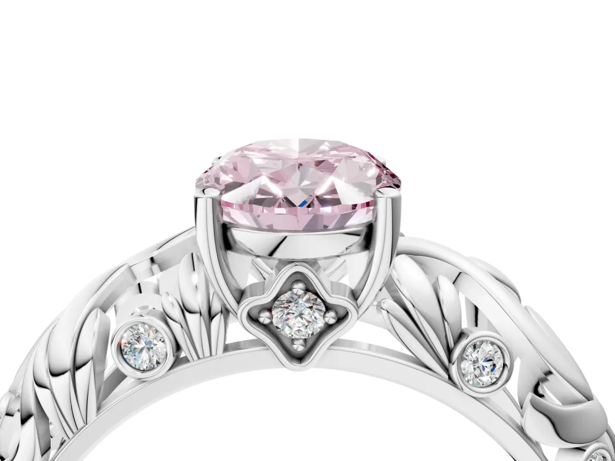 Fancy Pink Oval Cut Solitaire Diamond Leaf-Inspired Vine Band Ring with Prong Setting White gold