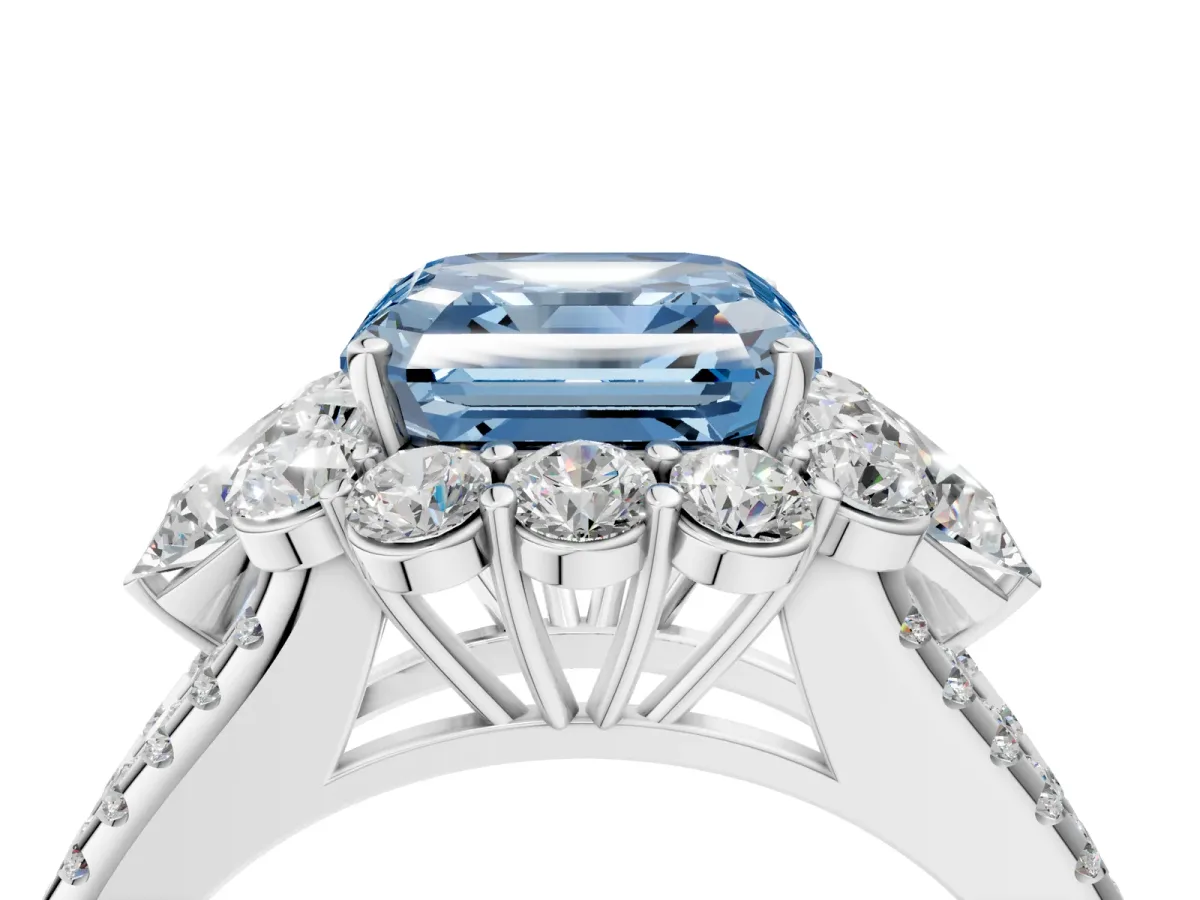Fancy Blue Asscher Cut Halo Split Shank Diamond Engagement Ring with Prong Setting Platinum