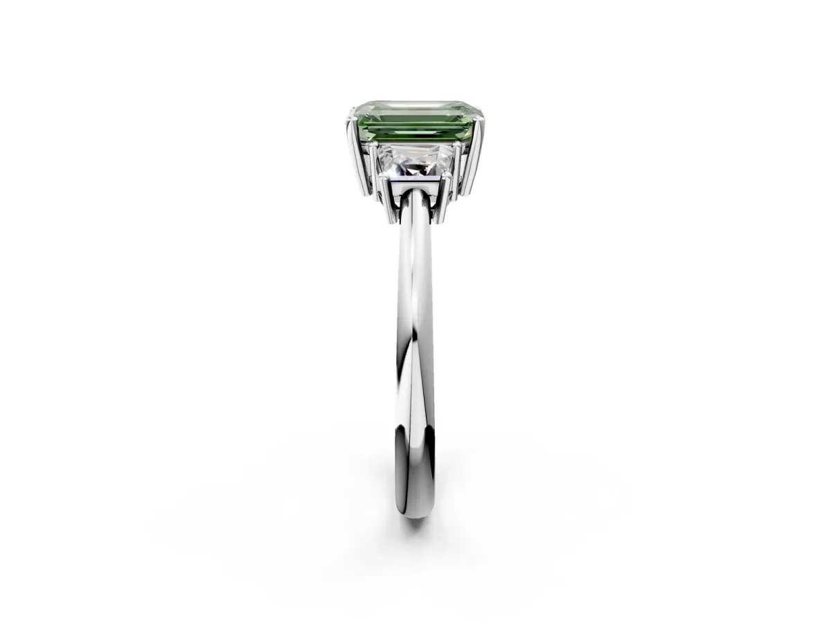 Fancy Green Emerald Cut Diamond Three-Stone Ring with Trapezoid Side Stones and Prong Setting Silver