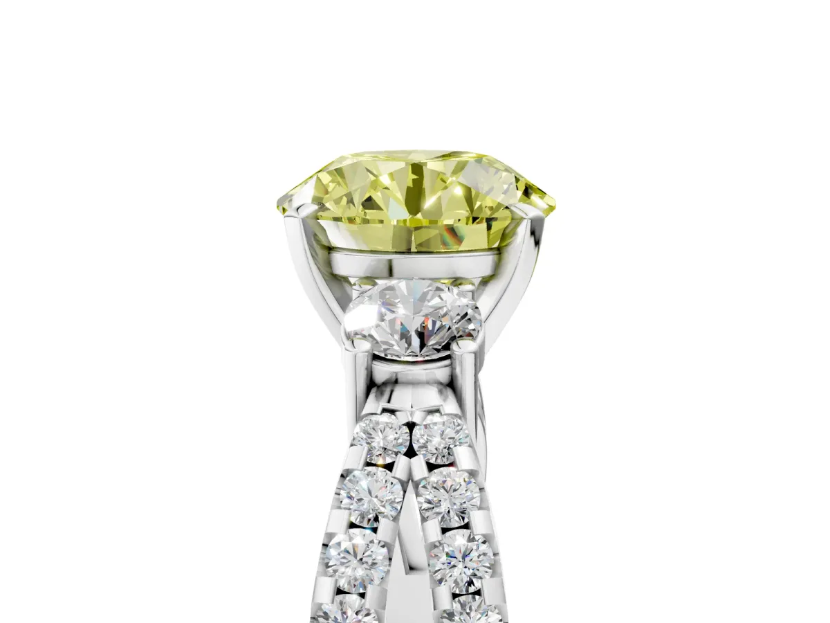 Fancy Yellow Round Cut Diamond Three-Stone Ring with Pavé Split Shank and Four-Prong Setting Silver