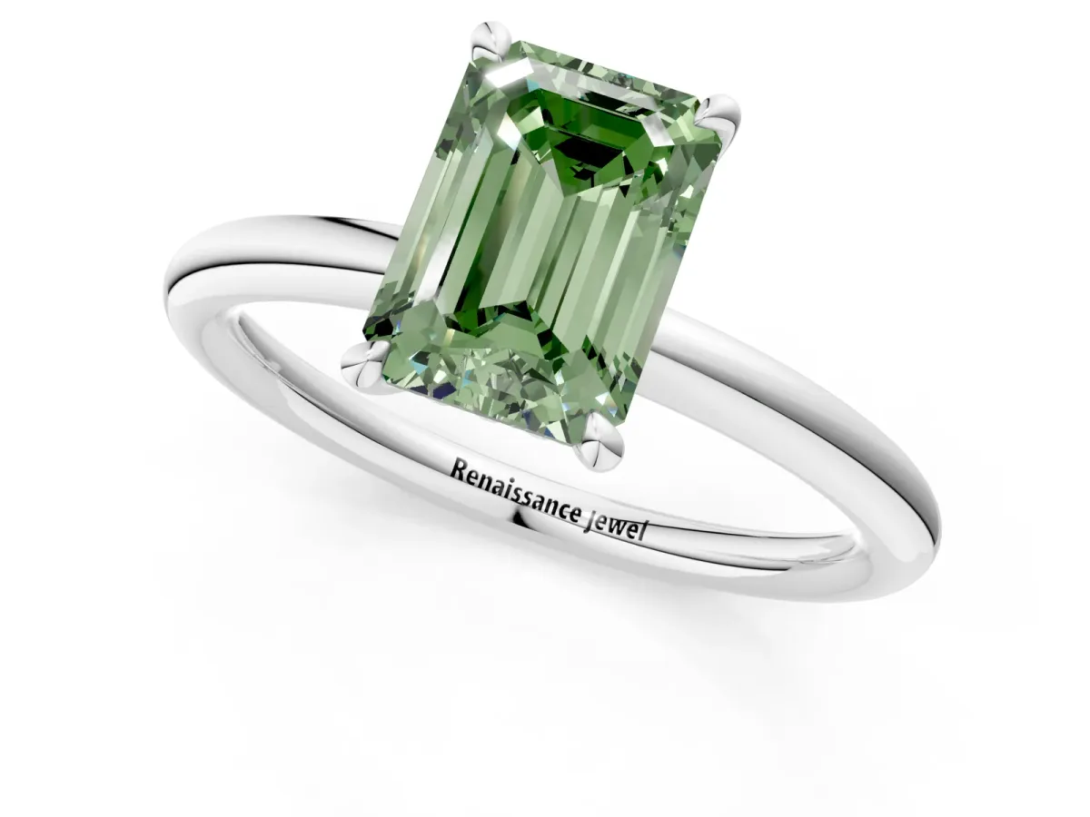 Fancy Green Emerald Cut Diamond Solitaire Ring with Thin Band and Four-Prong Setting White gold