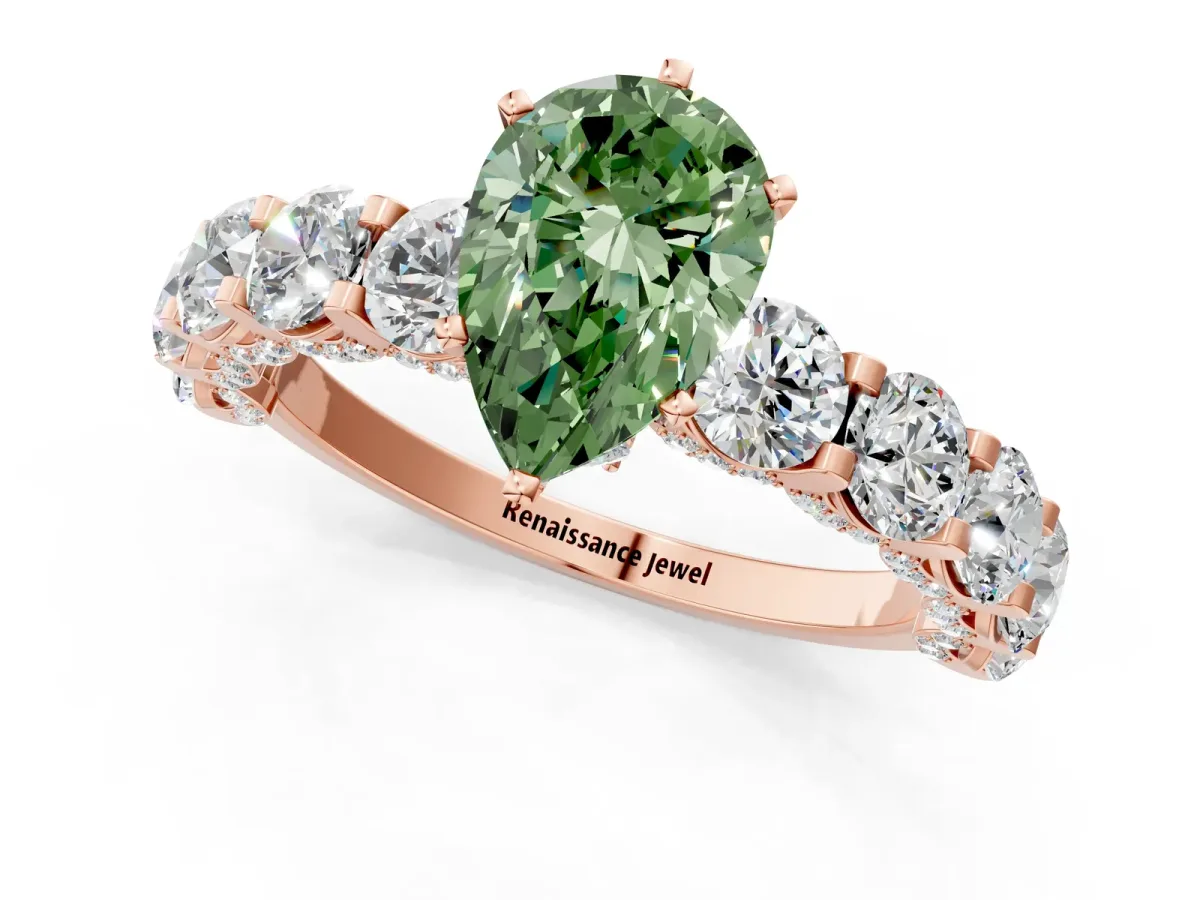 Fancy Green Pear Cut Diamond Side Stone Engagement Ring with Four-Prong Setting Rose gold