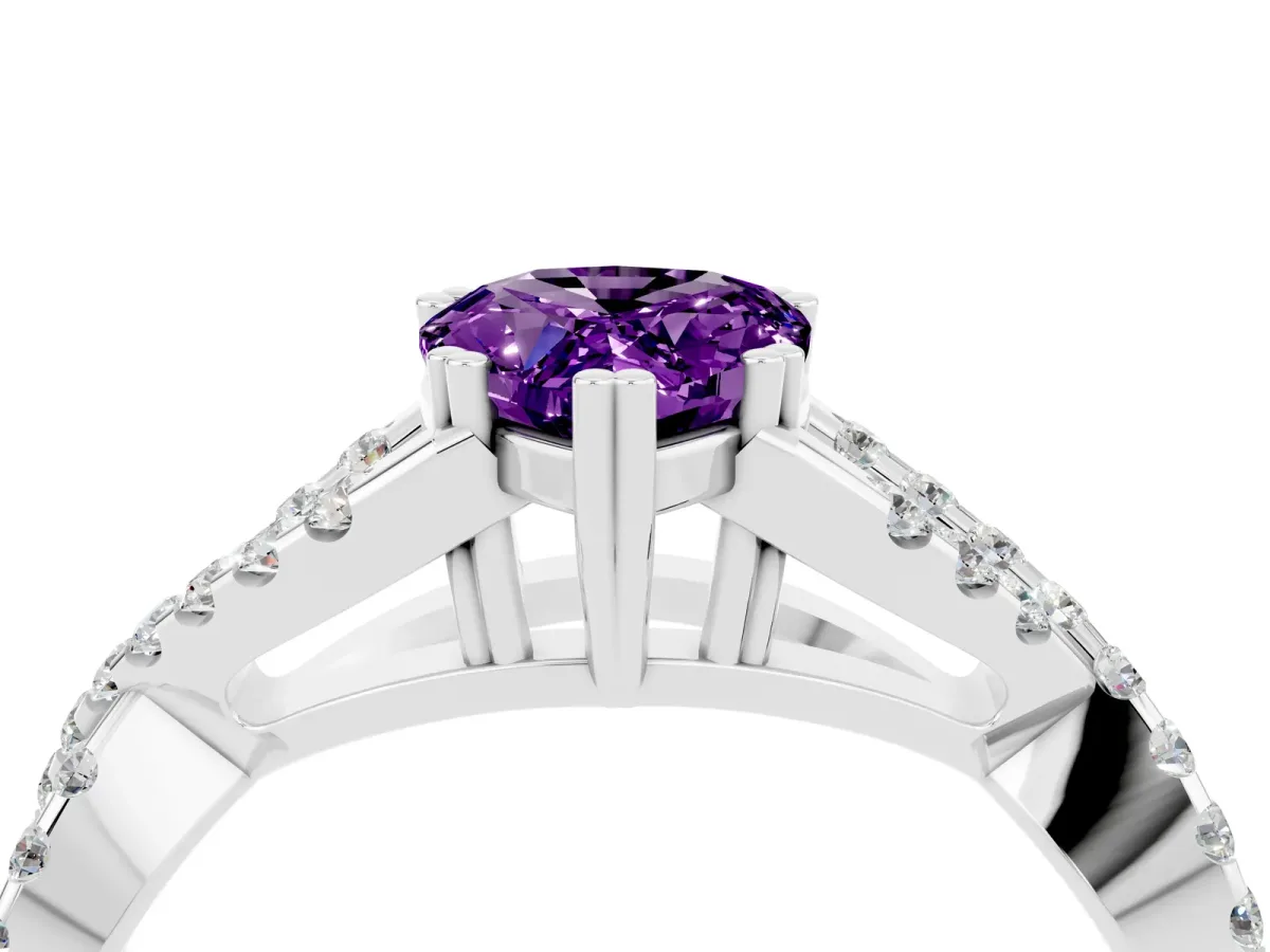 Pear Cut Amethyst Solitaire Ring with Four-Prong Setting and Twisted Pavé Band Platinum