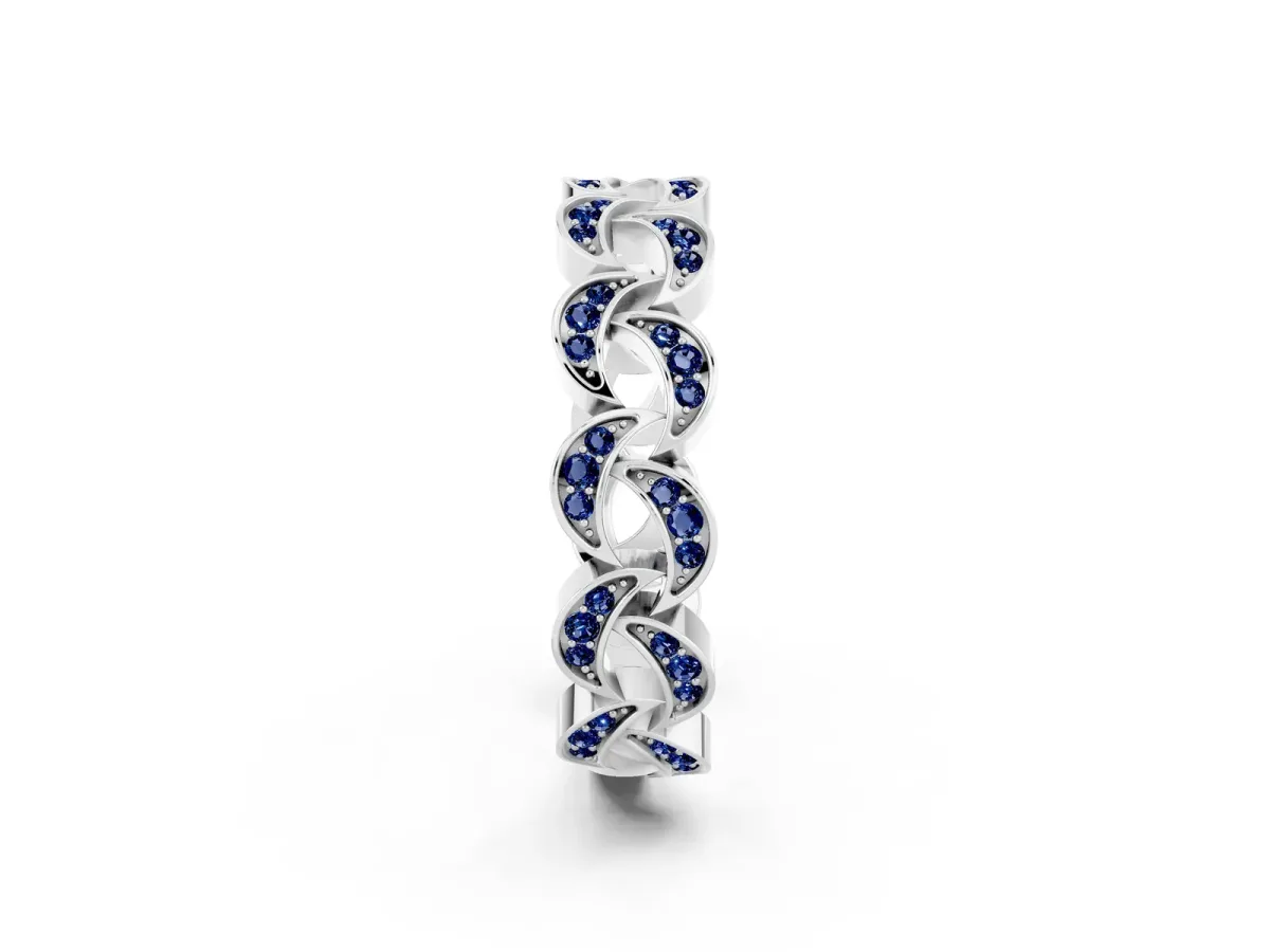 Pavé Round Blue Sapphire Interlocking Eternity Band with Bezel Prong Setting Silver