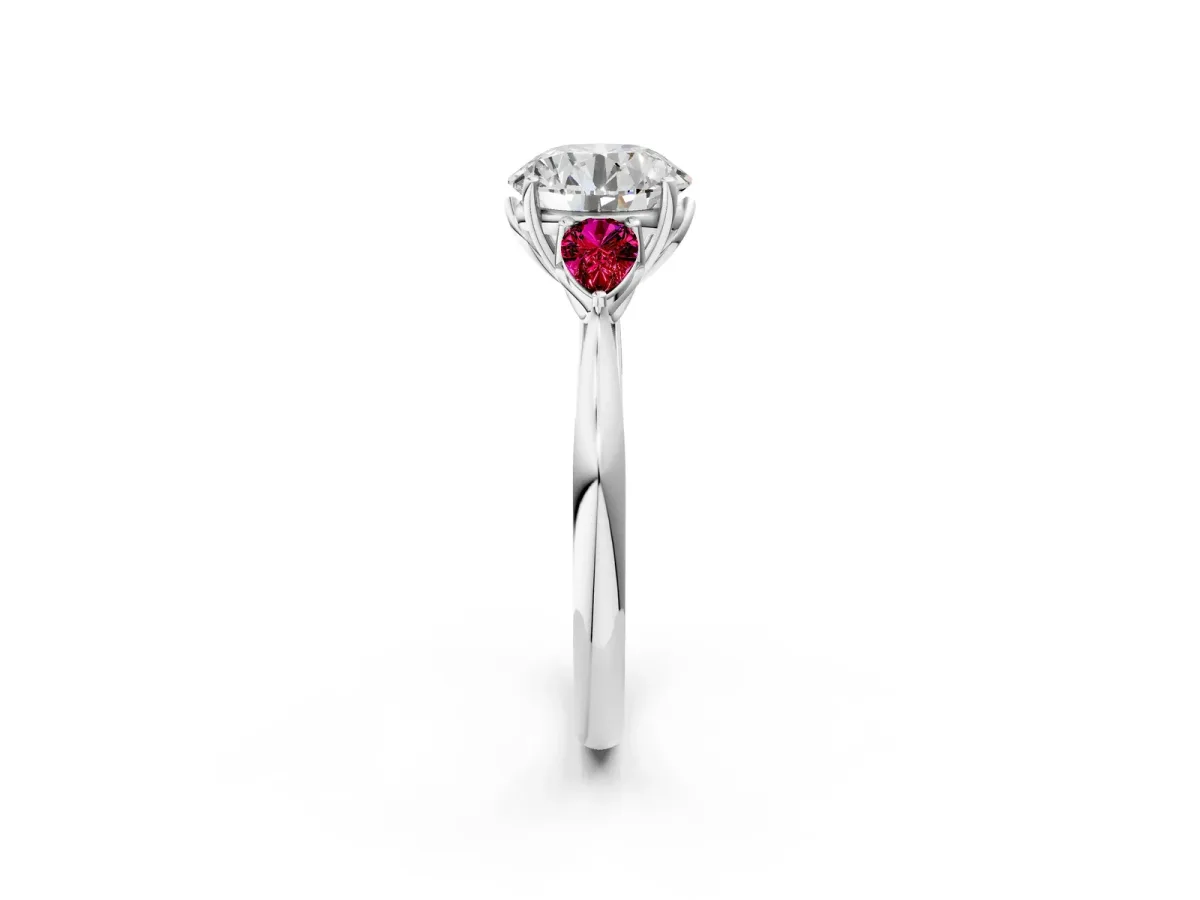 Round Cut Diamond Three-Stone Ring with Pear Garnet Side Stones and Prong Setting Silver