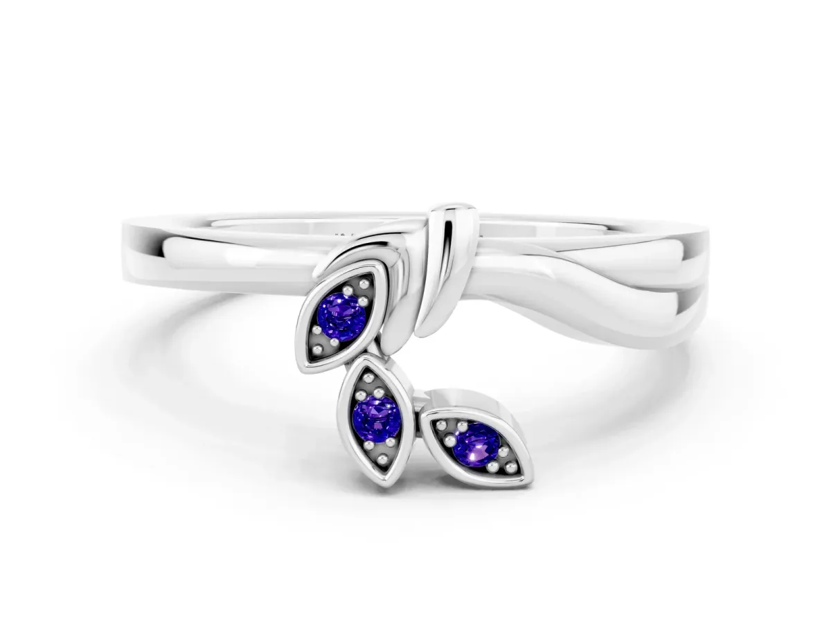 Three-Stone Round Tanzanite Leaf Bypass Ring with Bezel Setting Platinum