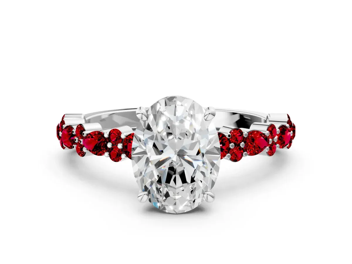 Oval Cut Diamond Side Stone Solitaire Ring with Round Ruby and Four-Prong Setting Silver