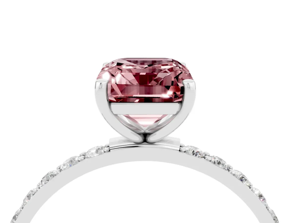 Emerald Cut Morganite Solitaire Ring with Round Pavé Band and Prong Setting Silver