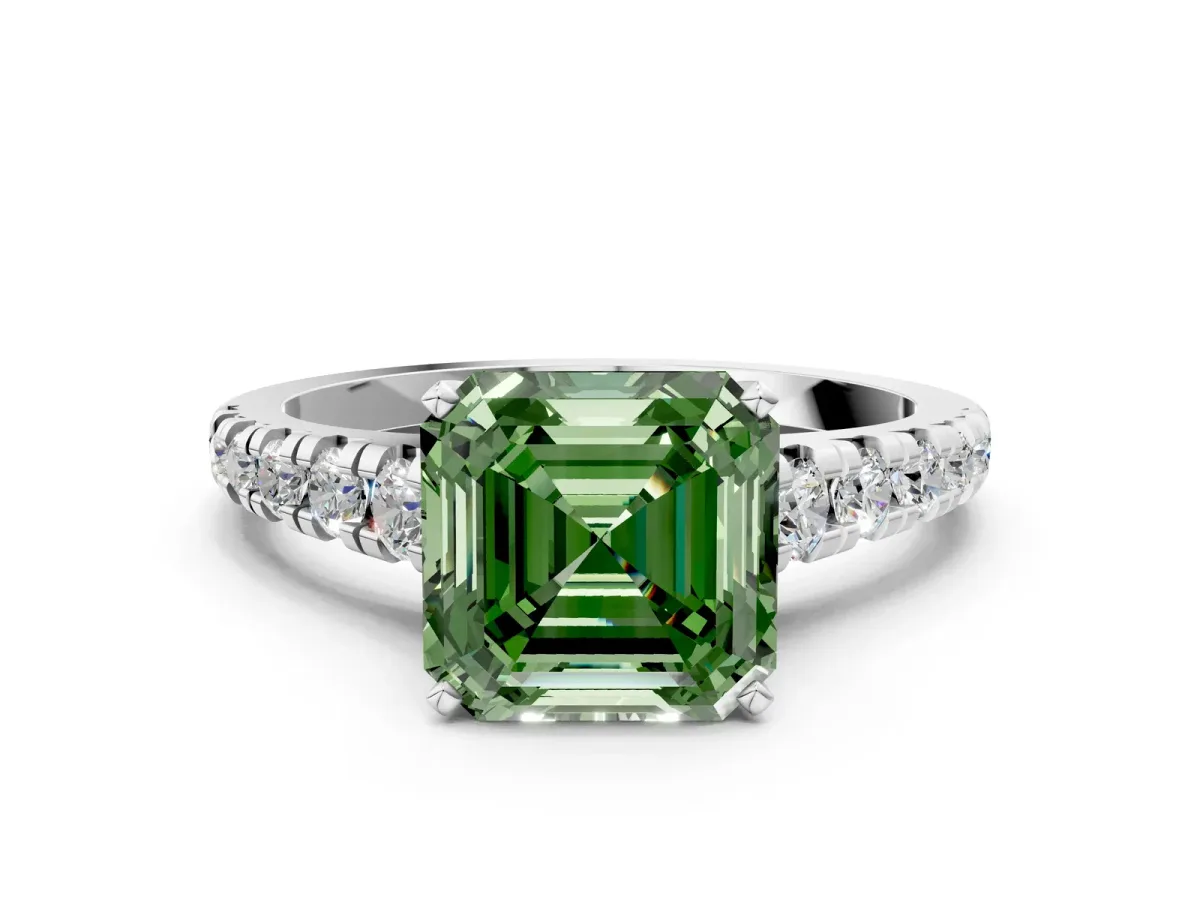 Fancy Green Asscher Cut Diamond Cathedral Solitaire Ring with Round Pavé Band Silver