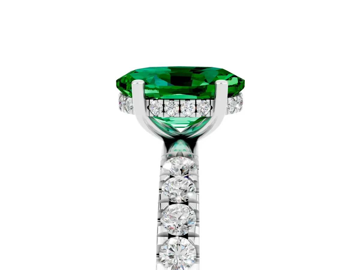 Oval Cut Emerald Pave Band Solitaire Ring with Round and Prong Setting Platinum