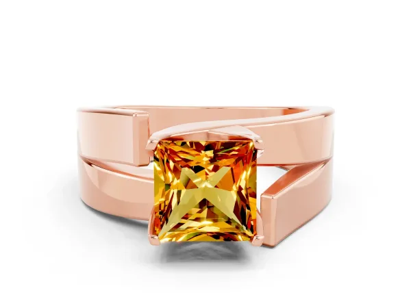 Modern Tension Set Princess Cut Citrine Solitaire Wide Band Ring Rose gold
