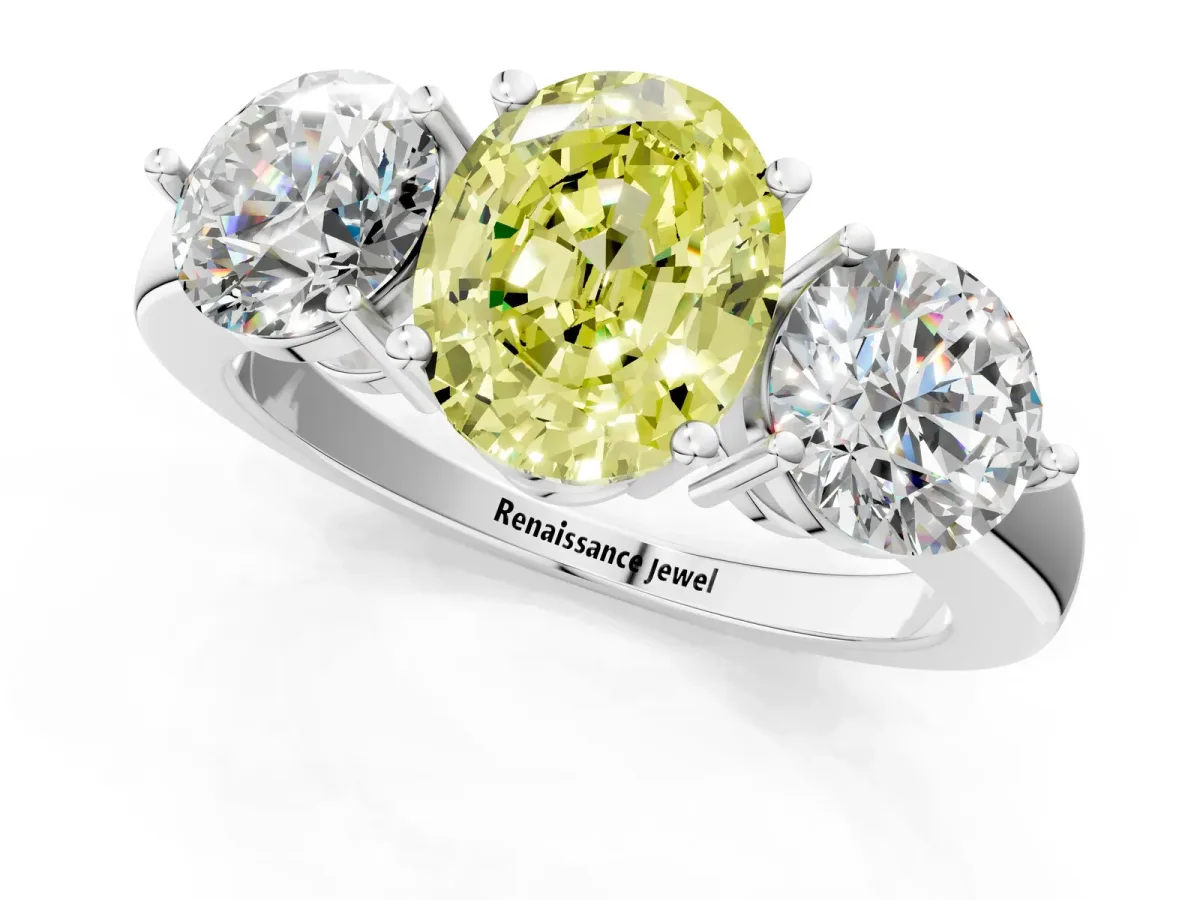 Fancy Yellow Oval Cut Diamond Three-Stone Ring with Prong Setting and Classic Band White gold